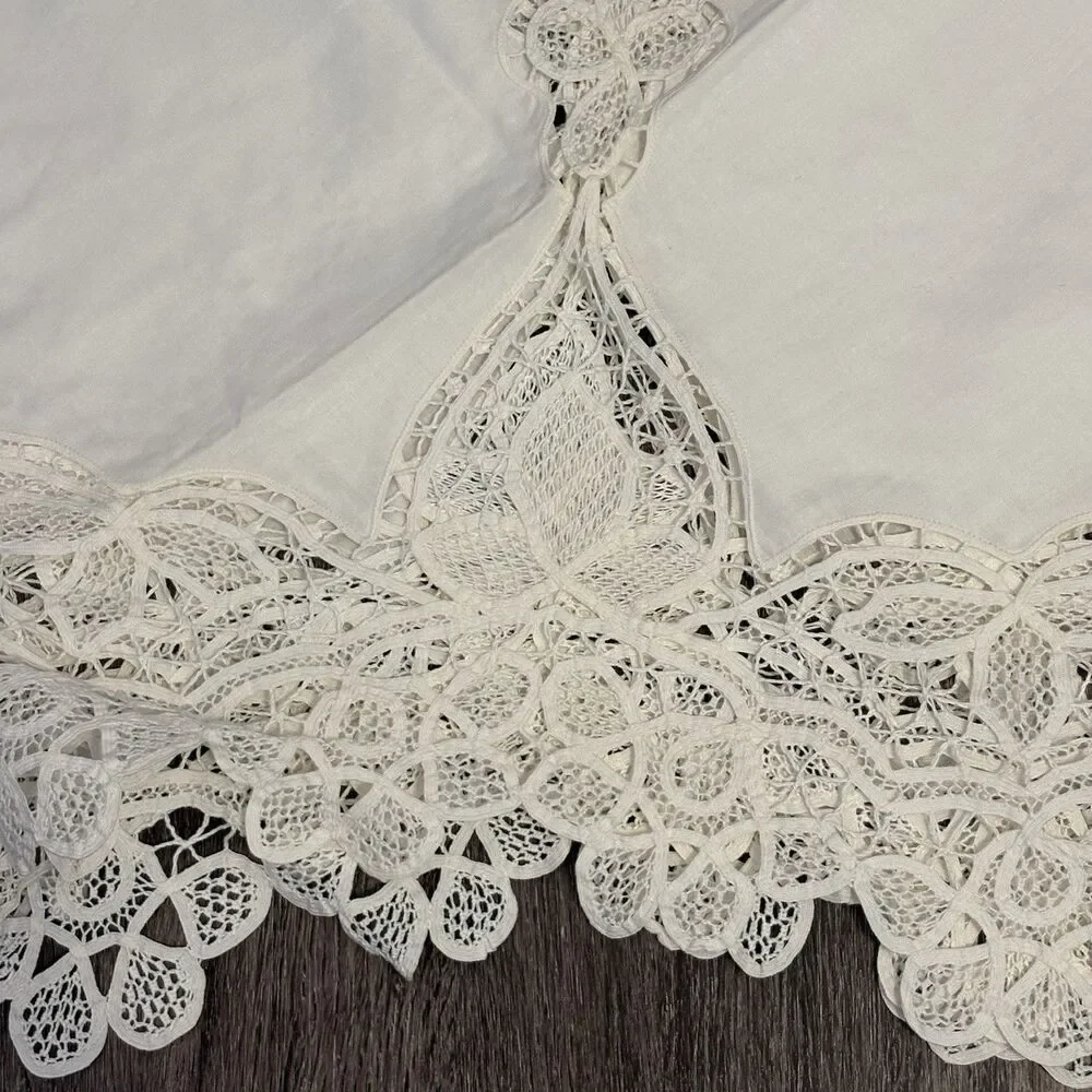 White Battenburg Lace Tablecloth From Fortunoff Round 64” Diameter New W/ Defect